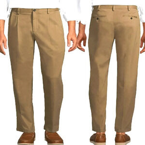 Lands' End Traditional Fit Pleated Chino Pants Men Size 38 Khaki Straight Leg